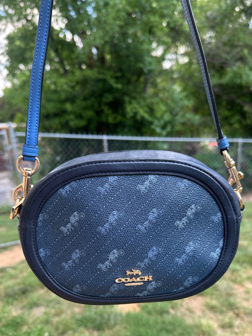 Coach Horse & Carriage Print Oval Camera Crossbody Bag Blue C4057 2021